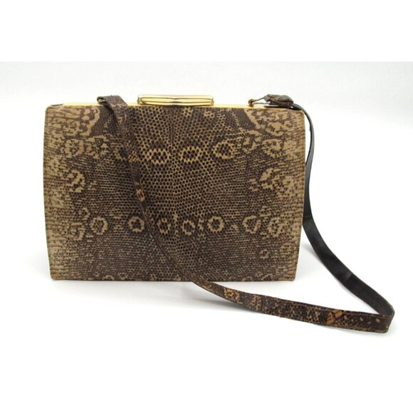 Vintage 60s Genuine Leather Reptile Purse YKK Zip Gold Frame Kiss Lock Bag - Picture 4 of 16